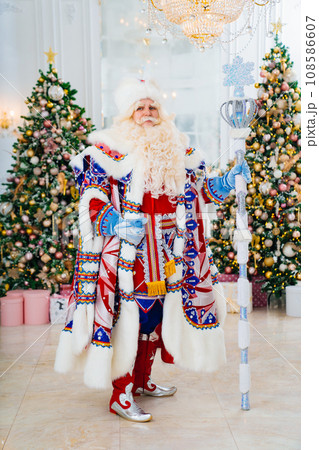 Father Frost in traditional costume with stick staff. room with christmas trees  108586607