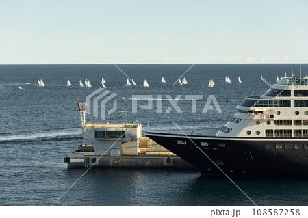 A lot of sail boats and yachts in the sea went on a sailing trip near port Hercules in Monaco, Monte Carlo, sail regatta, race 108587258