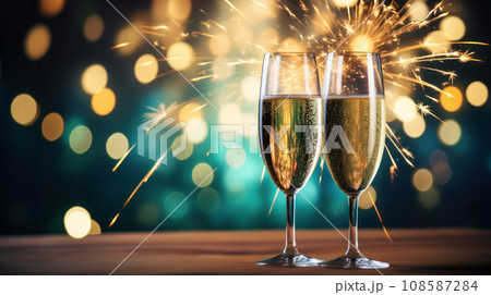 Festive atmosphere of New Year's parties, weddings or anniversaries.Two champagne glasses with sparkling wine against a backdrop of fireworks in the night sky Festive atmosphere of New Year's parties, weddings or anniversaries.Two champagne glasses with sparkling wine against a backdrop of fireworks in the night sky 108587284