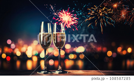 Two champagne glasses with sparkling wine against a backdrop of fireworks in the night sky. Festive atmosphere of New Year's parties, weddings or anniversaries 108587285
