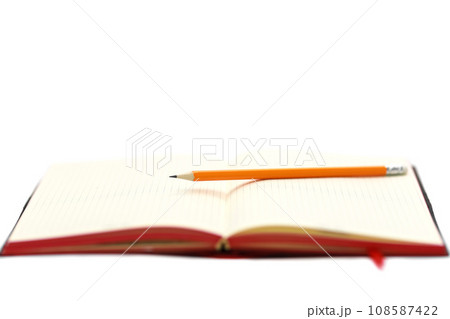 Business concept. Top view collection of notebook, white open flip curl rolled page and pencil on background for mockup 108587422