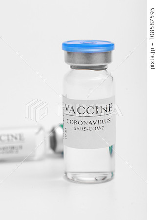vaccine selection. Ampoules with Covid-19 vaccine in laboratory. to fight the coronavirus sars-cov-2 pandemic. Glass vial medical close-up isolated on white background. 108587595