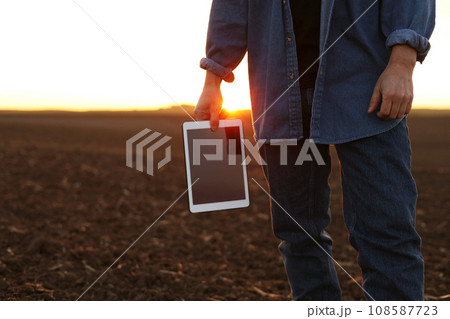 Agriculture. Cropped shot of back view businessman farmer in rubber boots walks along plowed field with digital tablet. Agronomist checking and analyses fertile soil on sunrise. Agribusiness. 108587723
