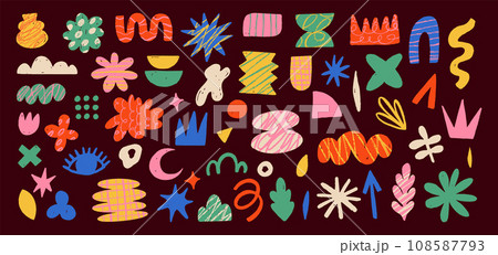 Hand drawn naive, bizarre abstract geometric shapes and forms. Modern contemporary figures, various Hand drawn naive, bizarre abstract geometric shapes and forms. Modern contemporary figures, various 108587793