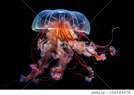 Glowing jellyfish swim deep in blue sea 108588476