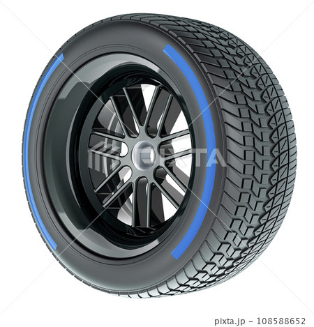 Racing Wheel with Blue Wet, compound type tyre, 3D rendering Racing Wheel with Blue Wet, compound type tyre, 3D rendering 108588652