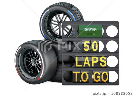 Saudi Arabian racing, pit board with flag of Saudi Arabia and racing wheels with different compounds type tyres. 3D rendering Saudi Arabian racing, pit board with flag of Saudi Arabia and racing wheels with different compounds type tyres. 3D rendering 108588658