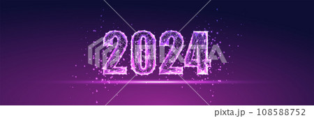Abstract 2024 New Year digital web banner template. Futuristic greeting card on purple background 108588752