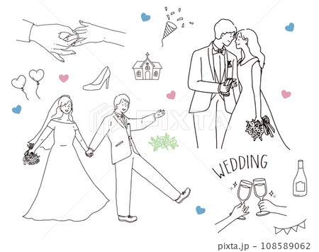 白黒、モノトーン、線画のイラスト(結婚式、カップル、夫婦、招待状、ウェルカムボード、指輪、新生活) 108589062
