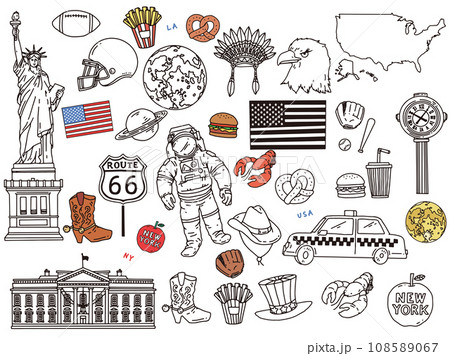 白黒、モノトーン、線画のイラスト(手書き、アメリカ、宇宙飛行士、LA、ニューヨーク、ハンバーガー) 白黒、モノトーン、線画のイラスト(手書き、アメリカ、宇宙飛行士、LA、ニューヨーク、ハンバーガー) 108589067