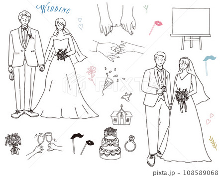 白黒、モノトーン、線画のイラスト(結婚式、カップル、夫婦、招待状、ウェルカムボード、指輪、新生活) 白黒、モノトーン、線画のイラスト(結婚式、カップル、夫婦、招待状、ウェルカムボード、指輪、新生活) 108589068
