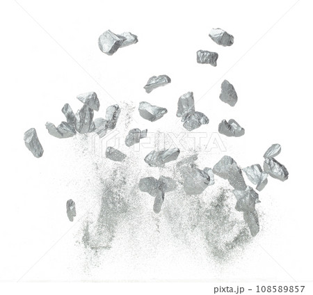 Silver ore nugget fly fall from Mining float in air. Many pieces silver nugget ore explosion with stone gravel in silver Mining industry. White background Isolated throwing freeze stop motion Silver ore nugget fly fall from Mining float in air. Many pieces silver nugget ore explosion with stone gravel in silver Mining industry. White background Isolated throwing freeze stop motion 108589857