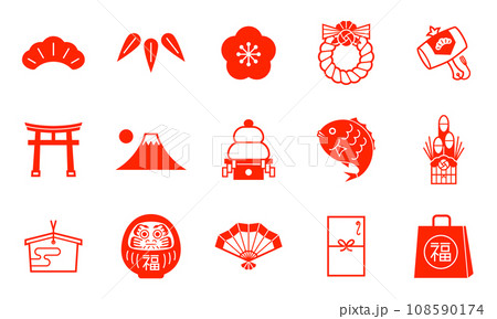 お正月モチーフの年賀ベクターアイコンセット 108590174