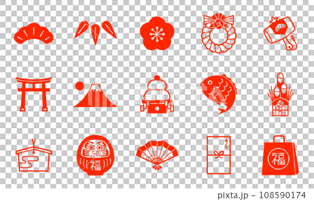 お正月モチーフの年賀ベクターアイコンセット 108590174