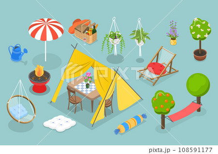3D Isometric Flat Vector Set of Garden Furniture Items 3D Isometric Flat Vector Set of Garden Furniture Items 108591177