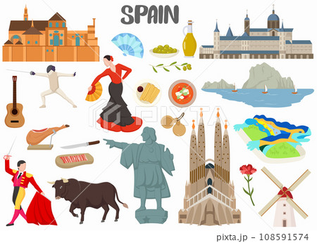 Set of Spanish famous landmarks 108591574