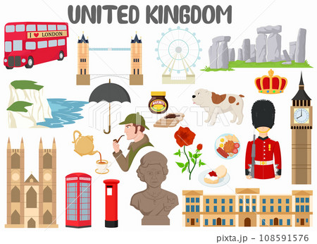 Set of United Kingdom famous landmarks 108591576