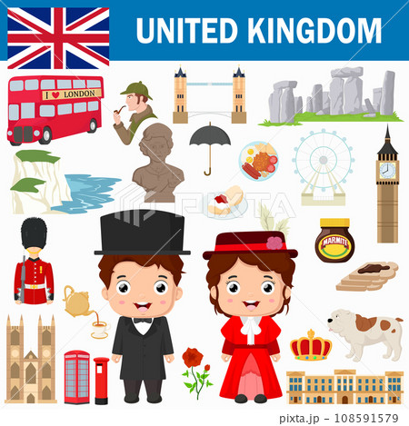 Set of United Kingdom famous landmarks 108591579