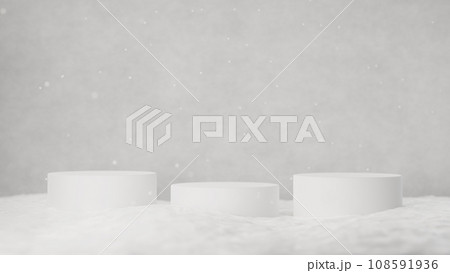 雪と白い3つの台座。積雪。降雪。3D（横長） 108591936