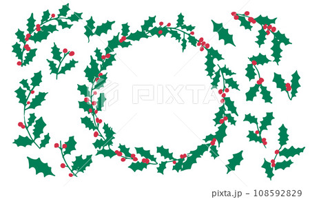 クリスマスリースフレーム。柊のクリスマス背景。12月のイベント飾り背景。クリスマス素材。 クリスマスリースフレーム。柊のクリスマス背景。12月のイベント飾り背景。クリスマス素材。 108592829