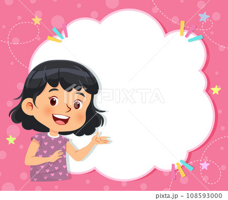 Little girl with empty blank text box frame. Vector cartoon character on pink background 108593000