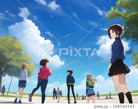 公園で空を眺める少女、少年達 108593543
