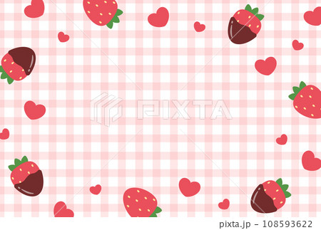 チョコレートがかかった苺とハートとギンガムチェックのバレンタインデー向け背景イラスト チョコレートがかかった苺とハートとギンガムチェックのバレンタインデー向け背景イラスト 108593622