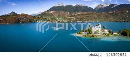 Aerial view of Duingt castle or Chateau de Duingt in Annecy lake, Haute Savoie, France 108593651