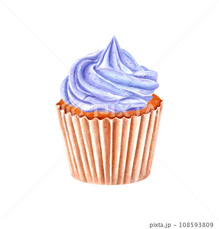 Delicious cupcake in paper wrapper decorated with blue cream. Muffin, baked cake. Cream with blue clitoria powder. Watercolor illustration. For package, menu, recipe, label 108593809
