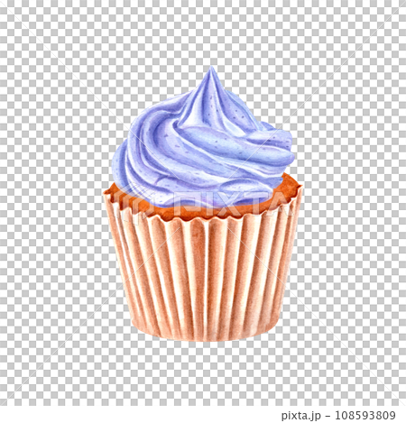 Delicious cupcake in paper wrapper decorated with blue cream. Muffin, baked cake. Cream with blue clitoria powder. Watercolor illustration. For package, menu, recipe, label 108593809