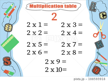 Multiplication table by 2 with a task to consolidate knowledge of multiplication. Colorful cartoon multiplication table vector for teaching math. School stationery. EPS10 Multiplication table by 2 with a task to consolidate knowledge of multiplication. Colorful cartoon multiplication table vector for teaching math. School stationery. EPS10 108593918