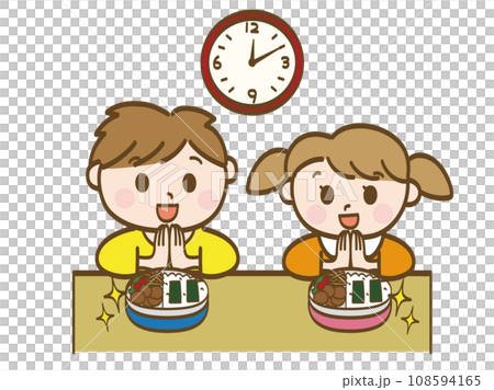 お弁当タイムにいただきますをする男の子と女の子_小学生低学年_幼児 お弁当タイムにいただきますをする男の子と女の子_小学生低学年_幼児 108594165