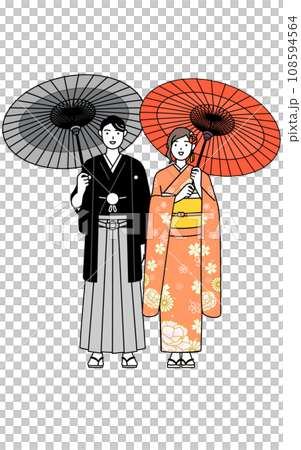 Men and women in kimonos holding Japanese umbrellas during New Year's shrine visits and sightseeing 108594564
