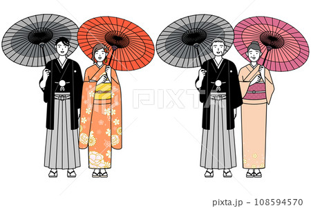 お正月の初詣や観光で和傘をさす着物姿の家族 108594570