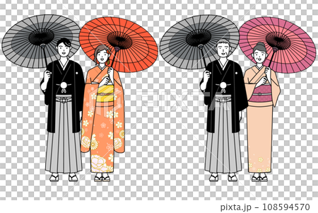 お正月の初詣や観光で和傘をさす着物姿の家族 108594570