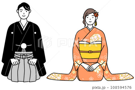 新年の挨拶をする着物姿の夫婦 108594576