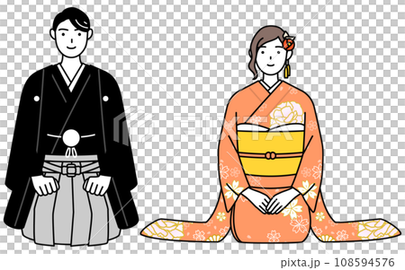 新年の挨拶をする着物姿の夫婦 108594576