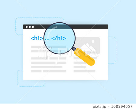 H1 SEO Title Tags concept. Optimize website headings for better search engine visibility. Technical on-page SEO optimization vector illustration isolated on blue background with icons 108594657