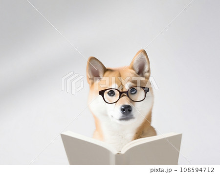 本を読んでいる柴犬。動物と勉強、習い事イメージ。生成AI 108594712