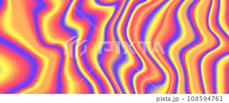 Psychedelic iridescent background. Colorful neon holographic wallpaper. Blue red orange yellow wavy fluid gradient texture. Abstract acid trippy backdrop for banner, poster, brochure, overlay. Vector  108594761