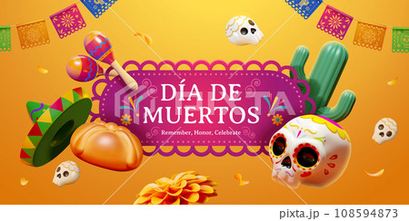 3D yellow day of the dead banner 3D yellow day of the dead banner 108594873
