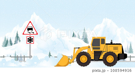 Snow plow truck cleaning highway road Snow plow truck cleaning highway road 108594916