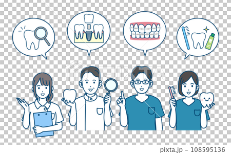 説明する歯医者、歯科衛生士のイラスト 108595136