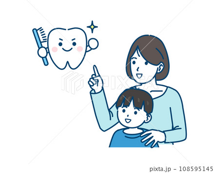 息子に歯磨きを教える母親のイラスト 108595145