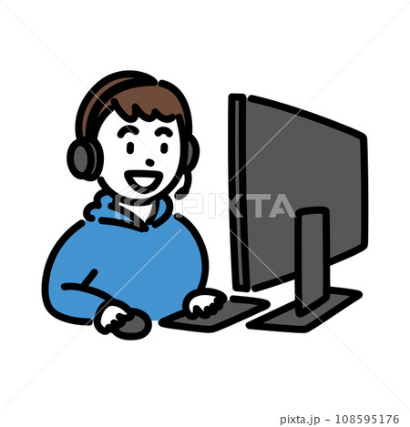 ヘッドセットをしてパソコンを使う男の子　A 108595176