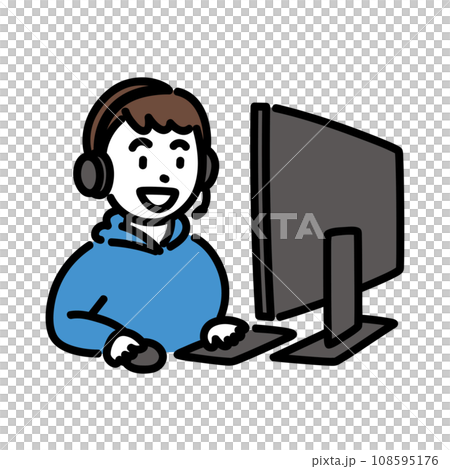 ヘッドセットをしてパソコンを使う男の子　A 108595176