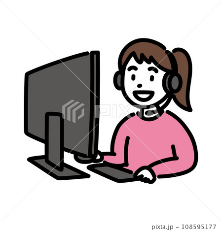 ヘッドセットをしてパソコンを使う女の子 A ヘッドセットをしてパソコンを使う女の子 A 108595177