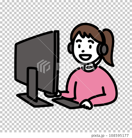 ヘッドセットをしてパソコンを使う女の子 A ヘッドセットをしてパソコンを使う女の子 A 108595177