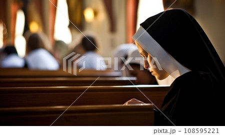 Young Catholic nun praying in catholic church. 108595221