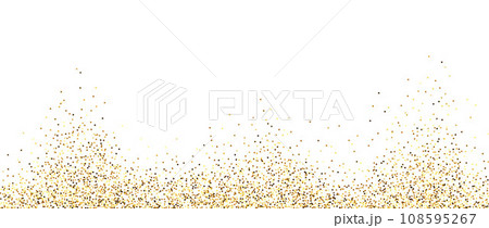 Golden glitter background. Sparkling small confetti wallpaper. Splashed gold dots texture. Border frame design. Christmas, New year, birthday decoration for posters, banner, flyer, invitation. Vector 108595267